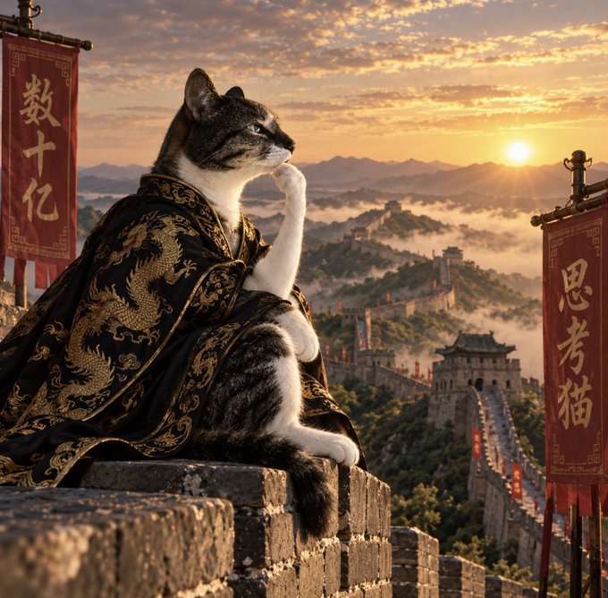 A majestic tabby cat draped in a dragon-embroidered robe sits contemplatively atop the Great Wall of China at sunrise, framed by banners reading "数十亿" (billions) and "思考猫" (thinking cat), symbolizing the "GOOD MORNING BULLS" message by portraying a wise, regal feline surveying an empire of endless opportunity.