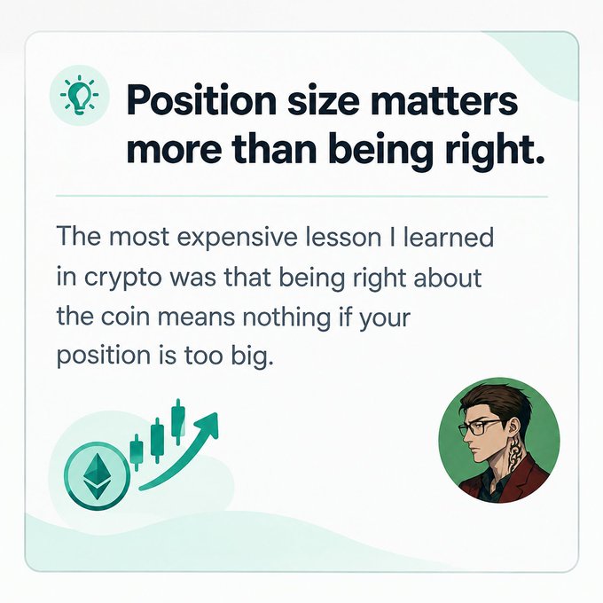 A green-themed infographic with the headline 'Position size matters more than being right,' discussing a crypto lesson about proper position sizing, accompanied by an Ethereum icon and an illustrated portrait of a man.