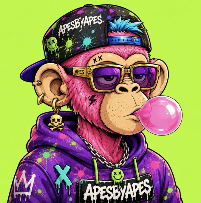 A stylized cartoon illustration features a pink monkey blowing a bubblegum bubble, wearing a black cap with 'APESBYAPES', purple sunglasses, a skull earring, and a purple graffiti-splattered hoodie with 'APESBYAPES' on it.