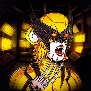 An animated illustration of a character resembling Wolverine in a yellow and black costume with a black mask, glowing orange eyes, and extended claws, set against a dark industrial background.