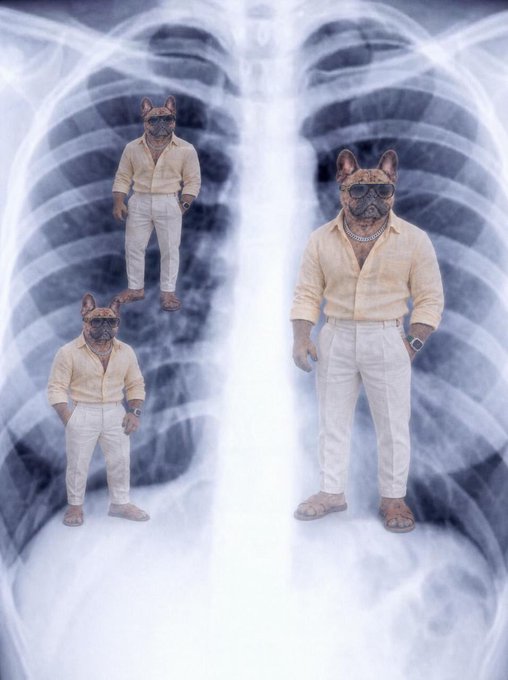 Three figures with German Shepherd heads are dressed in cream-colored button-up shirts and white pants, posed against an X-ray-style ribcage background to visualize the "$DAWG" the post's author claims lives inside them, rallying others to join the BNB ecosystem project at 0x7D0443CdDFc8E11AF105F4fE44Dd28c630237777.