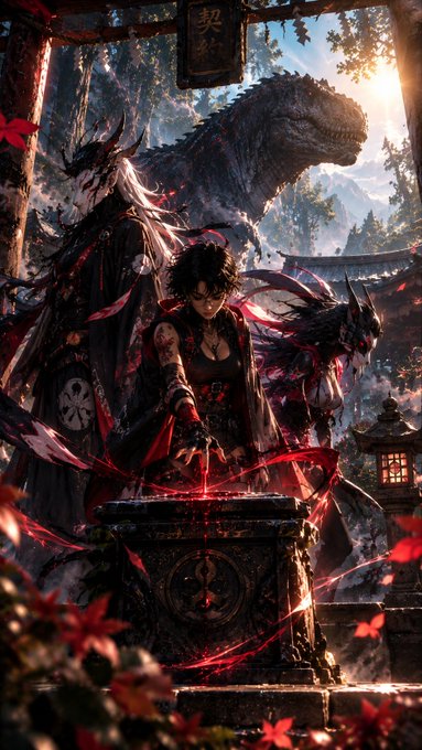A dark fantasy digital artwork depicting a warrior with red ribbons and a white-haired figure standing before a dinosaur and a temple in a forest setting.