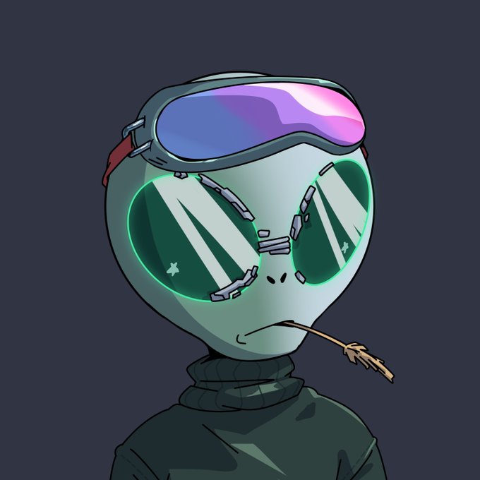 A cartoon-style illustration of an alien character wearing ski goggles with iridescent pink/blue lenses, with glowing green star-shaped eyes reflecting light streaks, dressed in a dark turtleneck sweater.