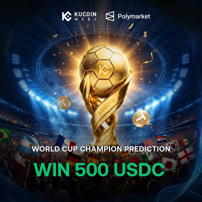 The image is a KuCoin Web3 x Polymarket promotional graphic featuring a golden soccer ball trophy in a stadium with international flags, advertising a "World Cup Champion Prediction" contest to "Win 500 USDC."

The graphic supports the post by visually highlighting the KuCoin Web3 and Polymarket co-branded World Cup prediction giveaway, with the "WIN 500 USDC" prize amount prominently displayed to draw participants to the trading contest.