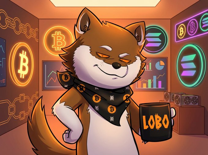 A cartoon illustration of a smug-looking fox/dog character wearing a Bitcoin-patterned bandana and holding a mug labeled 'LOBO' in a room decorated with cryptocurrency logos and neon signs.