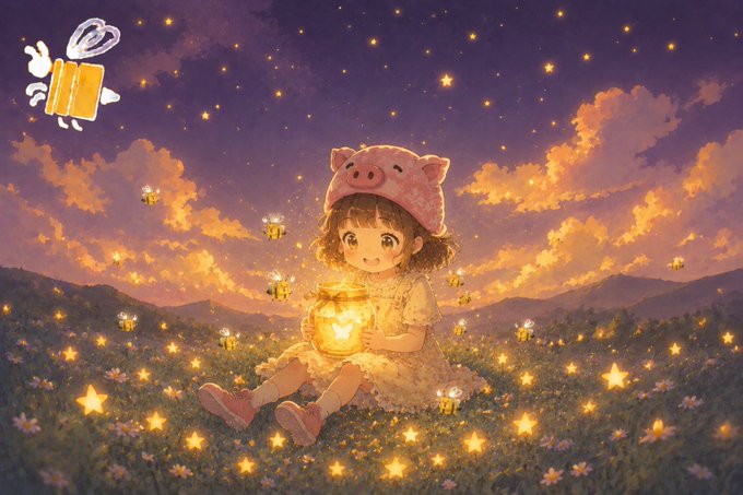 The image features a young girl sitting in a field, wearing a hat with a pig design. She holds a jar or lantern that glows brightly, possibly containing honey or another sweet substance. The background of the image shows stars against a dark sky, creating an enchanting atmosphere. In the corner of the image, there is a small gift box with a bow on it, adding to the overall sense of wonder and magic in the scene.