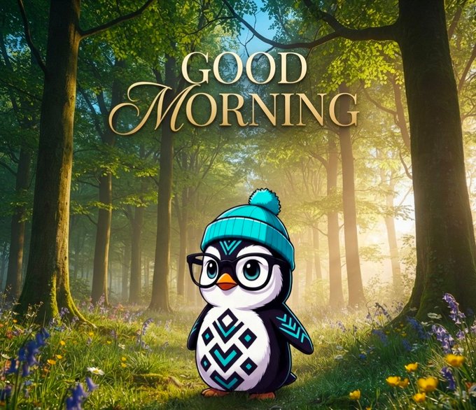 A digital illustration of a cute penguin wearing glasses and a teal knit hat stands in a sunlit forest with flowers, with the text 'Good Morning' displayed above.