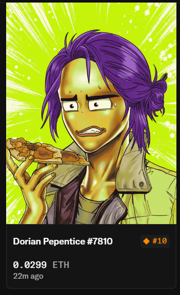 A digital collectible card titled 'Dorian Pepentice #7810' showing an anime-style character with purple hair holding a slice of pizza, priced at 0.0299 ETH from 22 minutes ago.