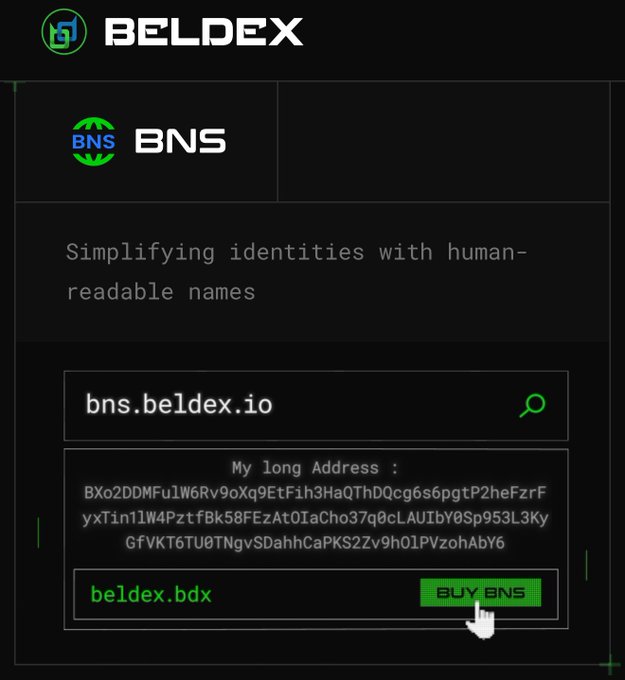 A dark-themed graphic for Beldex promoting BNS (Beldex Name Service) with the tagline 'Simplifying identities with human-readable names,' showing a wallet address and a 'BUY BNS' button.