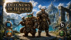 The image features a poster for a video game called "Defi News of Hedera", with two characters standing next to each other, one wearing armor and holding an axe while the other has a shield and sword. The background shows a castle surrounded by mountains under a blue sky. There are also several circles scattered around the poster, possibly representing different elements or achievements within the game.