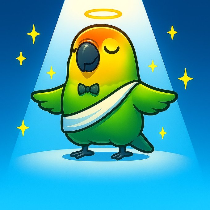 A cartoon parakeet with a golden halo, dapper bow tie, and graceful sash stands serenely under a divine spotlight against a starry sky. The image visually echoes the post's reverence, depicting the $NIAO meme coin as a holy bird avatar blessed by the heavens.