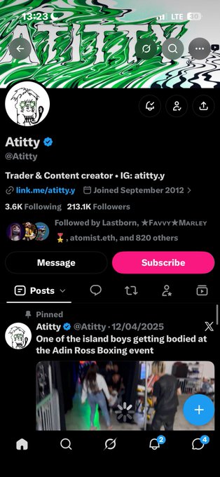 A mobile screenshot of the X (formerly Twitter) profile for verified user 'Atitty' (@atitty), describing themselves as a 'Trader & Content creator' with 213.1K followers, featuring a pinned post about an event from 12/04/2025.