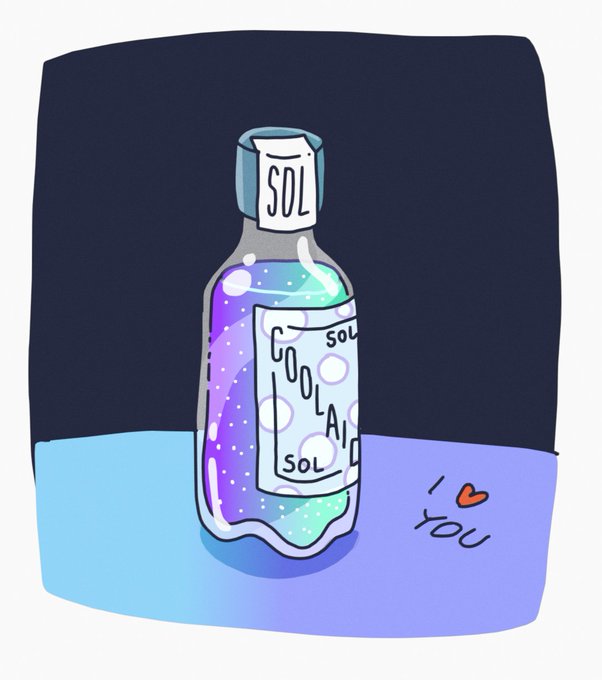 A cartoon illustration shows a glass bottle with a galaxy-like purple and teal liquid inside, labeled "SOL" on the cap and featuring "COOL AID SOL" on its label, sitting next to a handwritten "I ❤️ YOU." The whimsical artwork plays on the phrase "drinking the Kool-Aid" while tying into the "GM @solana" (Solana) post by depicting "Solana Kool-Aid" as a cosmic, love-infused beverage.