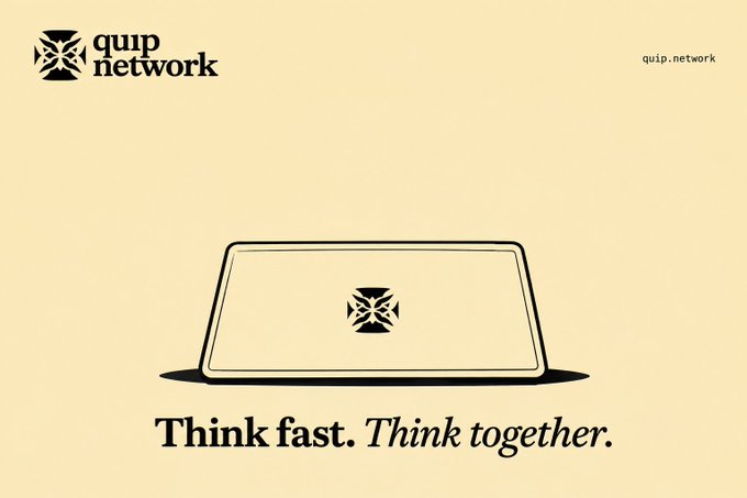 A beige promotional image for Quip Network featuring a laptop with a logo and the tagline 'Think fast. Think together.' along with the URL quip.network.