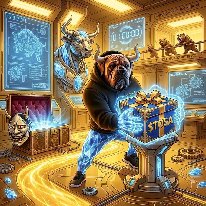 A stylized illustration of a bullish figure with a bull's head wearing a hoodie, holding a glowing gift box labeled "$TOSA" in a high-tech workshop with bull-themed blueprints and bears watching from above.