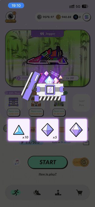 The image shows a STEPN mobile game screen displaying a "Jogger" sneaker at Lv 30, with an open gem reward chest revealing 10 Common Gems and 5 Uncommon Gems, alongside a 9078.97 coin balance. The post's lament about failing to achieve perfection relates to the visible gem rewards, which are lower-tier (Common and Uncommon) rather than the rare gems that would be needed for a perfect upgrade outcome.