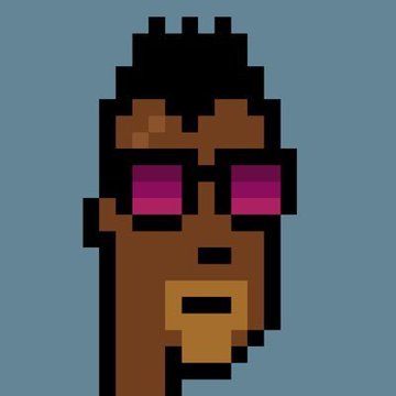A pixel art illustration of a person with brown skin wearing purple sunglasses against a blue-gray background.