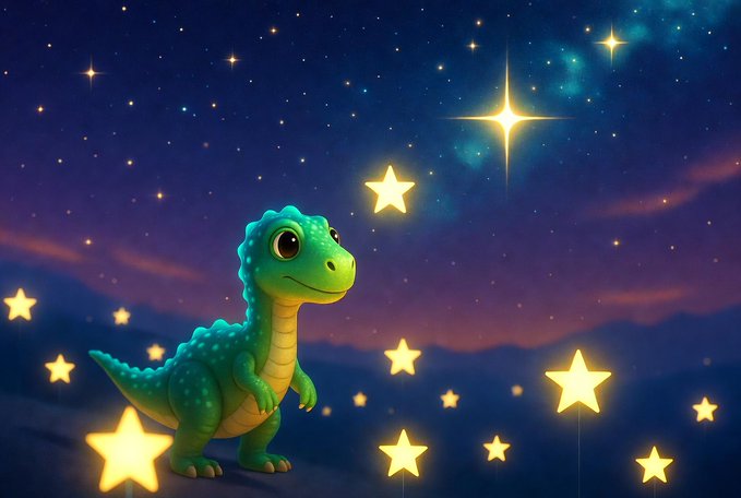 The image features a cartoon dinosaur standing next to a starry night sky with numerous stars. The dinosaur appears to be looking up at the stars, possibly admiring their beauty or seeking guidance. The background of the image is filled with stars, creating a captivating and enchanting atmosphere. In the corner of the image, there's text that reads "Focus on what is in the image and how it relates to the post." This suggests that the image might be related to a post about sleep tracking or personal health intelligence, as indicated by the caption provided.