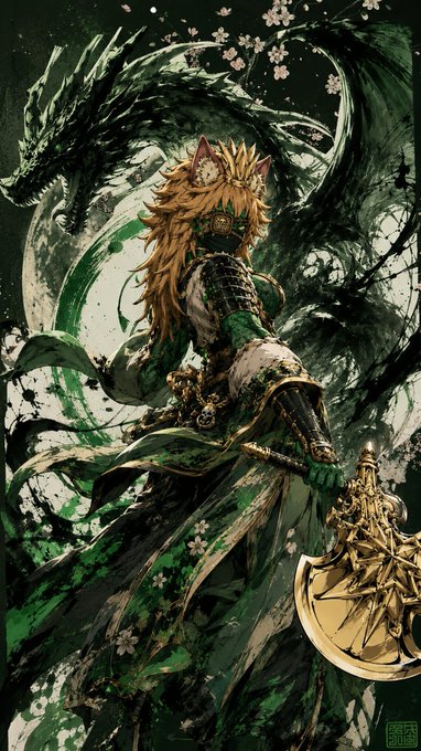An anime-style illustration of a green-clad female warrior with blonde hair and cat ears holding a golden axe, with a green dragon coiling behind her.