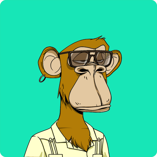 The image features a cartoon monkey wearing glasses, a shirt, and suspenders. The monkey appears to be posing for a photo or drawing, possibly as part of an art project or advertisement. The background color is blue, which contrasts with the monkey's brown fur. There are no texts present in the image, but there is a caption that reads "Ape #7623 Bought for 9.65 ETH mima.eth 0xef5b...848c etherscan.io/tx/0xb77799e92 ... Return to Monke: opensea.io/collection/bor ... bored ape yacht club". The monkey's attire and the blue background create a visually appealing contrast, making it an interesting subject for the image.