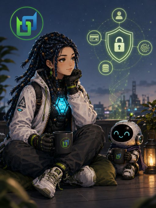 Digital anime-style artwork of a girl with braided hair sitting with a small robot, surrounded by tech and security icons.