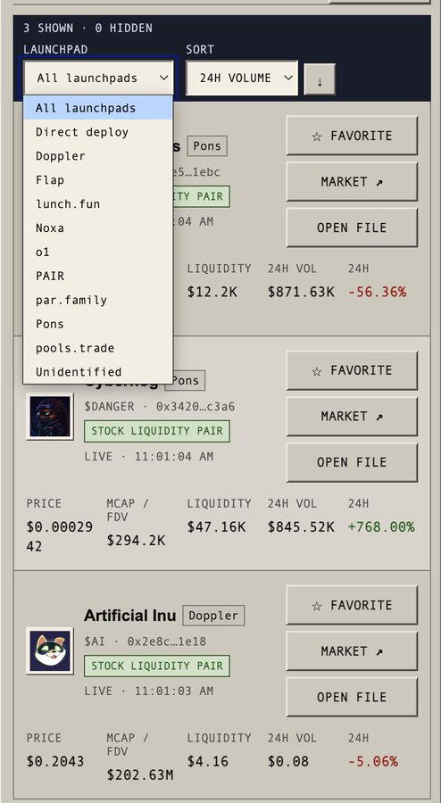 A trading dashboard showing a 'LAUNCHPAD' dropdown menu with options including All launchpads, Direct deploy, Doppler, Flap, lunch.fun, Noxa, ol, PAIR, par.family, Pons, pools.trade, and Unidentified, displaying tokens like $DANGER, $AI (Artificial Inu), and others with their liquidity and 24H volume metrics.