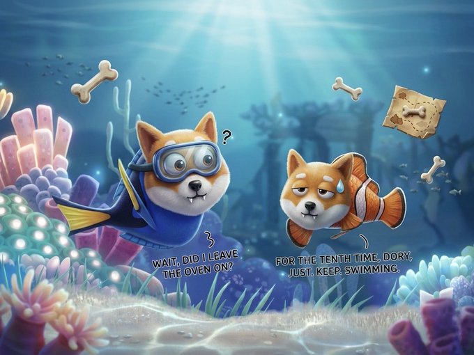 ursa shiba Inu dog with goggles and a blue snorkel, swimming underwater amidst coral reefs and fish.