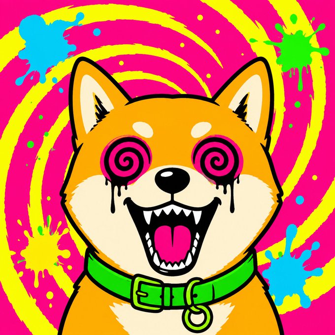 A cartoon Shiba Inu dog with wide, swirling hypnotic eyes, fangs bared, and dripping tears laughs maniacally, set against a pink and yellow swirled background with colorful paint splatters.