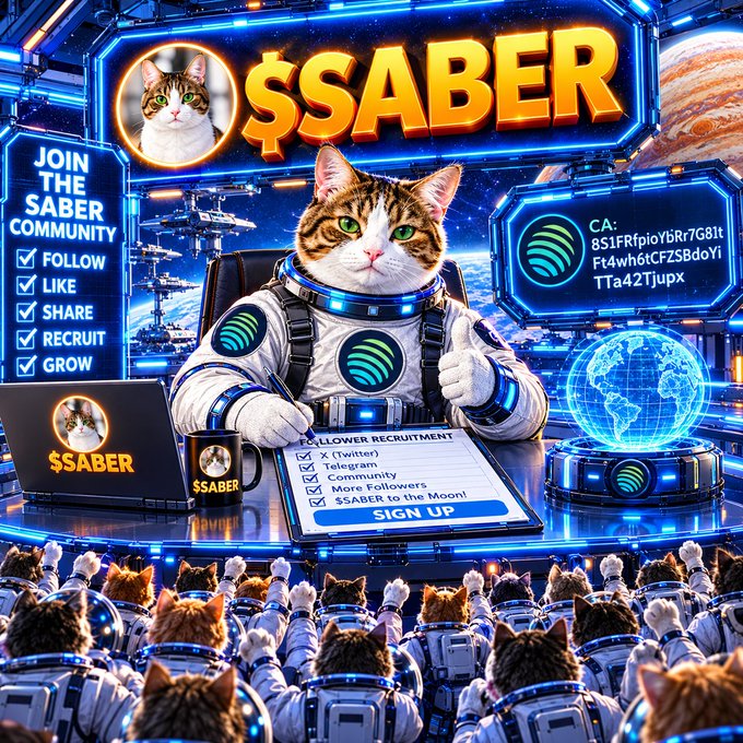 A vibrant, sci-fi themed meme-style poster for '$SABER' featuring a cat in an astronaut suit holding a pen, with a contract address, a recruitment checklist, and a crowd of cat astronauts below.