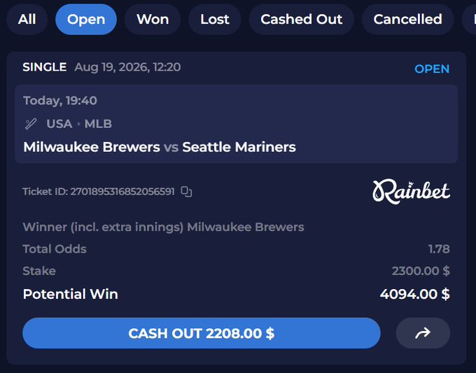 A Rainbet sports betting app screenshot showing an open single bet on a Milwaukee Brewers vs Seattle Mariners MLB game with total odds of 1.78, a $2300 stake, and a potential win of $4094, offering a cash out of $2208.