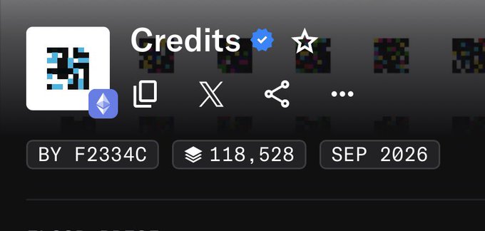 A digital profile interface displays a QR code avatar labeled "Credits" with a verified badge, showing "BY F2334C", "118,528", and "SEP 2026".