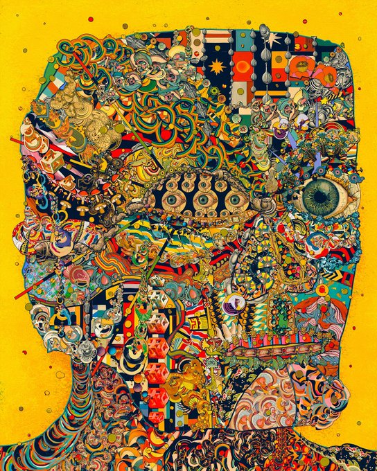 A vibrant, intricate mosaic-style portrait of a face in profile on a yellow background, composed of numerous small colorful patterns, symbols, and abstract shapes.