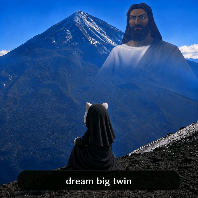 An edited image of a small hooded figure with cat ears sitting on a mountain peak, looking at a large translucent image of a bearded man, with the text 'dream big twin'.