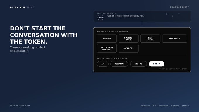 A promotional graphic for 'PLAY ON MINT' displays the tagline 'DON'T START THE CONVERSATION WITH THE TOKEN. There's a working product underneath it.' with categories including CASINO, SPORTSBOOK, LIVE CASINO, ORIGINALITY, PREDICTION MARKETS, and JACKPOTS, alongside XP, REWARDS, STATUS, and $MNTD.