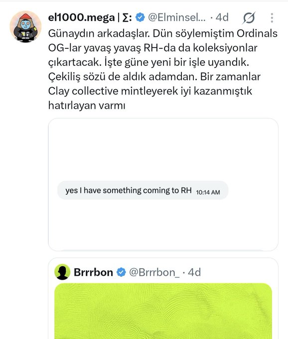 The image shows a tweet from @ElminseL... (el1000.mega) in Turkish discussing upcoming Ordinals OG collections launching on RH (likely Recursive Inscriptions), mentioning a withdrawal promise and recalling past success minting Clay Collective, alongside a DM screenshot reading "yes I have something coming to RH" from Brrrbon (@Brrrbon_) — tying to the caption's alpha discovery of the ClayStonKz NFT collection.