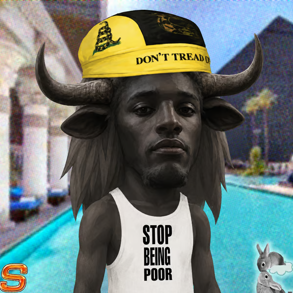 A surreal digital artwork depicting a man with the head of a black bull wearing a yellow 'DON'T TREAD ON ME' cap, dressed in a white tank top reading 'STOP BEING POOR', set against a background of a swimming pool.