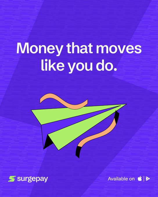 A mobile app advertisement for 'surgepay' features the tagline 'Money that moves like you do' with a stylized paper airplane graphic and 'Available on' app store logos.
