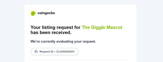 A confirmation email from CoinGecko stating 'Your listing request for The Giggle Mascot has been received' with a Request ID of CL0508260001.