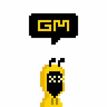 Pixel art showing a yellow character below a black speech bubble containing the yellow letters 'GM'.