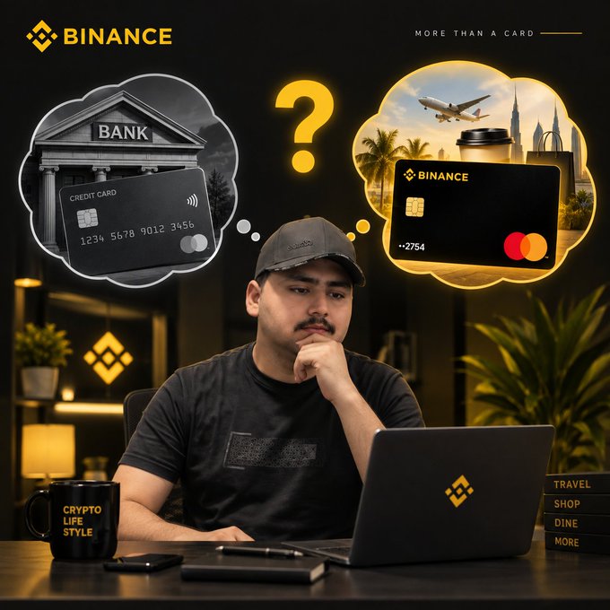 A Binance promotional graphic showing a man thinking between a thought bubble containing a traditional bank credit card and one containing a Binance Mastercard, highlighting travel, shop, and dine features.