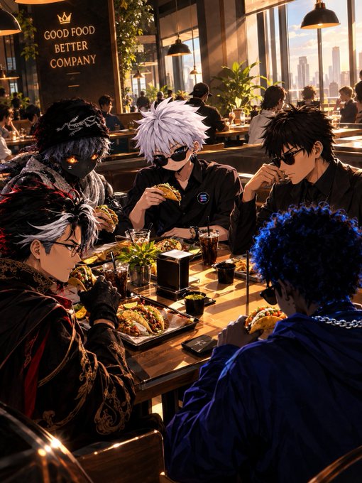 An anime-style illustration of five characters wearing sunglasses and casual clothing gathered around a table eating food in a restaurant setting with 'GOOD FOOD BETTER COMPANY' text on the wall.