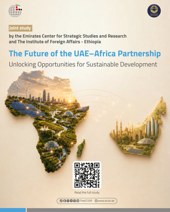 Cover of a joint study titled 'The Future of the UAE–Africa Partnership: Unlocking Opportunities for Sustainable Development' by The Emirates Center for Strategic Studies and Research and The Institute of Foreign Affairs – Ethiopia, featuring a creative map image connecting Africa and the UAE.