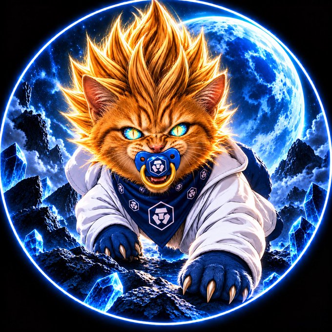 An illustration of a Super Saiyan-style orange cat with spiky fur, blue eyes, and a pacifier, wearing a white jacket and blue bandana, set against a glowing blue moon.