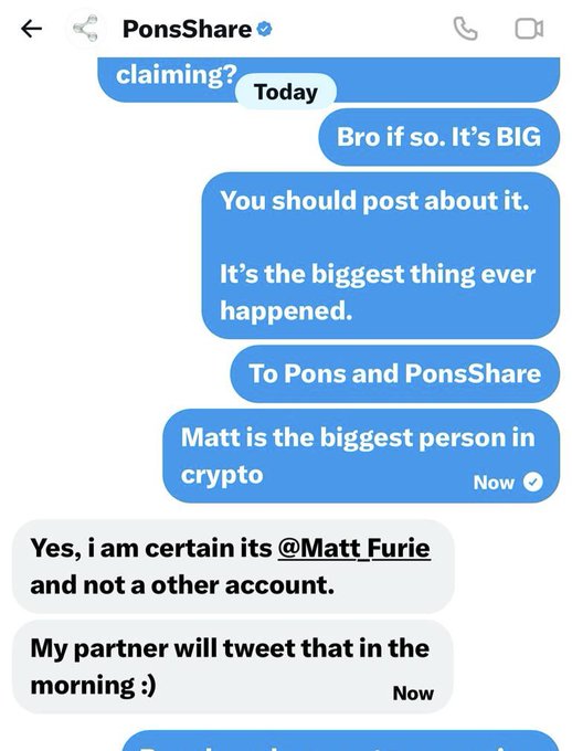 A Facebook Messenger conversation with PonsShare discussing crypto, claiming 'Matt is the biggest person in crypto' and referencing @Matt_Furie.