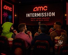 A group of people watch AMC's "Intermission" screen in a movie theater, with visible "AMC" branding and a notice that "AMC PRIVATO CINEMAS WILL BE SOLD SOON." The image ties to the post by evoking AMC's struggling theater business, which the poster contrasts with the stock's low market cap as a potential buying opportunity.