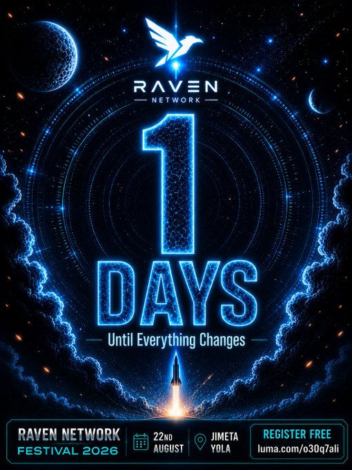 A promotional poster for the Raven Network Festival 2026 featuring a space-themed design with a rocket and the text '1 DAYS Until Everything Changes,' '22ND AUGUST,' 'JIMETA YOLA,' and a registration link.