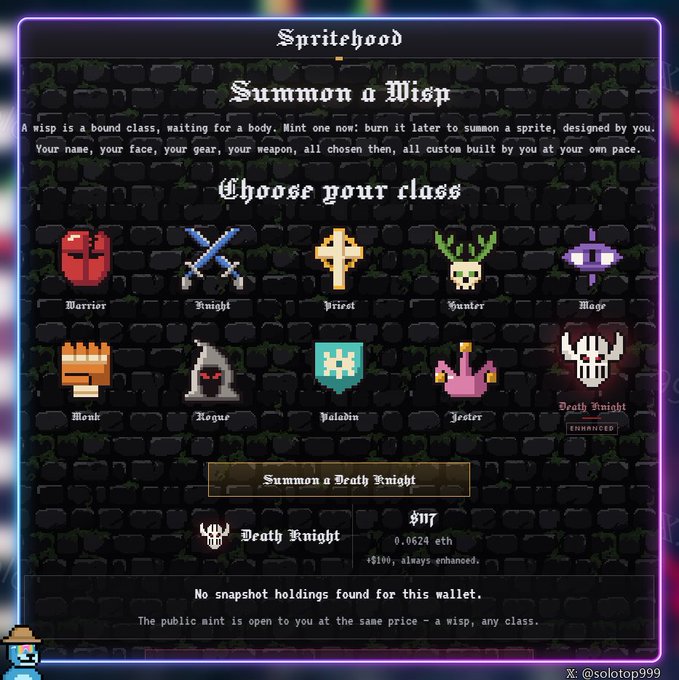 A "Summon a Wisp" screen from Spritehood NFT project showing class options including Warrior, Knight, Priest, Hunter, Mage, Monk, Rogue, Paladin, Jester, and Death Knight (0.0624 ETH, ~$117), with the Death Knight selected, directly illustrating the 17 ETH mint price mentioned in the post about the project's rapid $117 NFT sellout that earned the dev billions of VND.