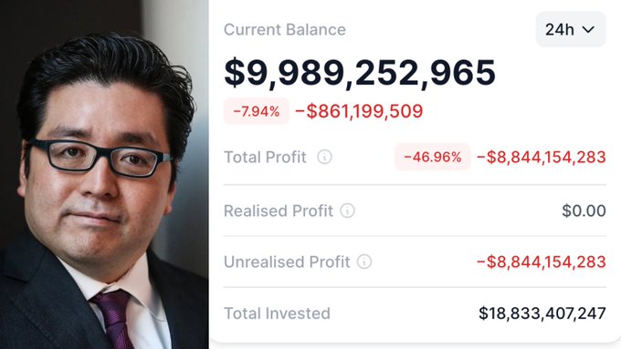 The image features a man wearing glasses, presumably an Asian businessman, seated against a gray background with a close-up shot of his face displayed at the top right corner. Below him, there's an explanation about Tom Lee, which reads "Tom Lee is down ~ half the MC of $HYPE by simply buying and holding $ETH". This suggests that Tom Lee is either down in value or has invested in Etherium with a total buy price of $9,895,963.