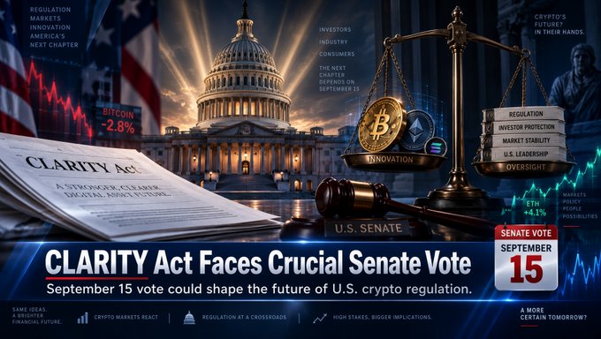 A news graphic titled 'CLARITY Act Faces Crucial Senate Vote' with text reading 'September 15 vote could shape the future of U.S. crypto regulation,' featuring imagery of the U.S. Capitol, Bitcoin and Ethereum symbols, and the text 'SENATE VOTE SEPTEMBER 15.'