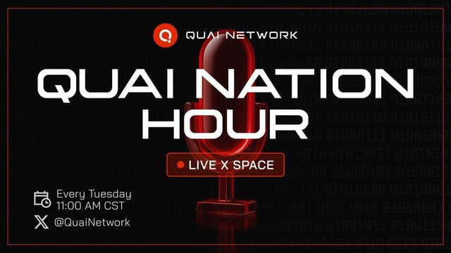 Promotional graphic for Quai Network's 'Quai Nation Hour' live X Space event, held every Tuesday at 11:00 AM CST, featuring a red microphone design.